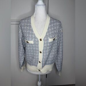 VOY Tweed Cardigan with Cream Trim size L